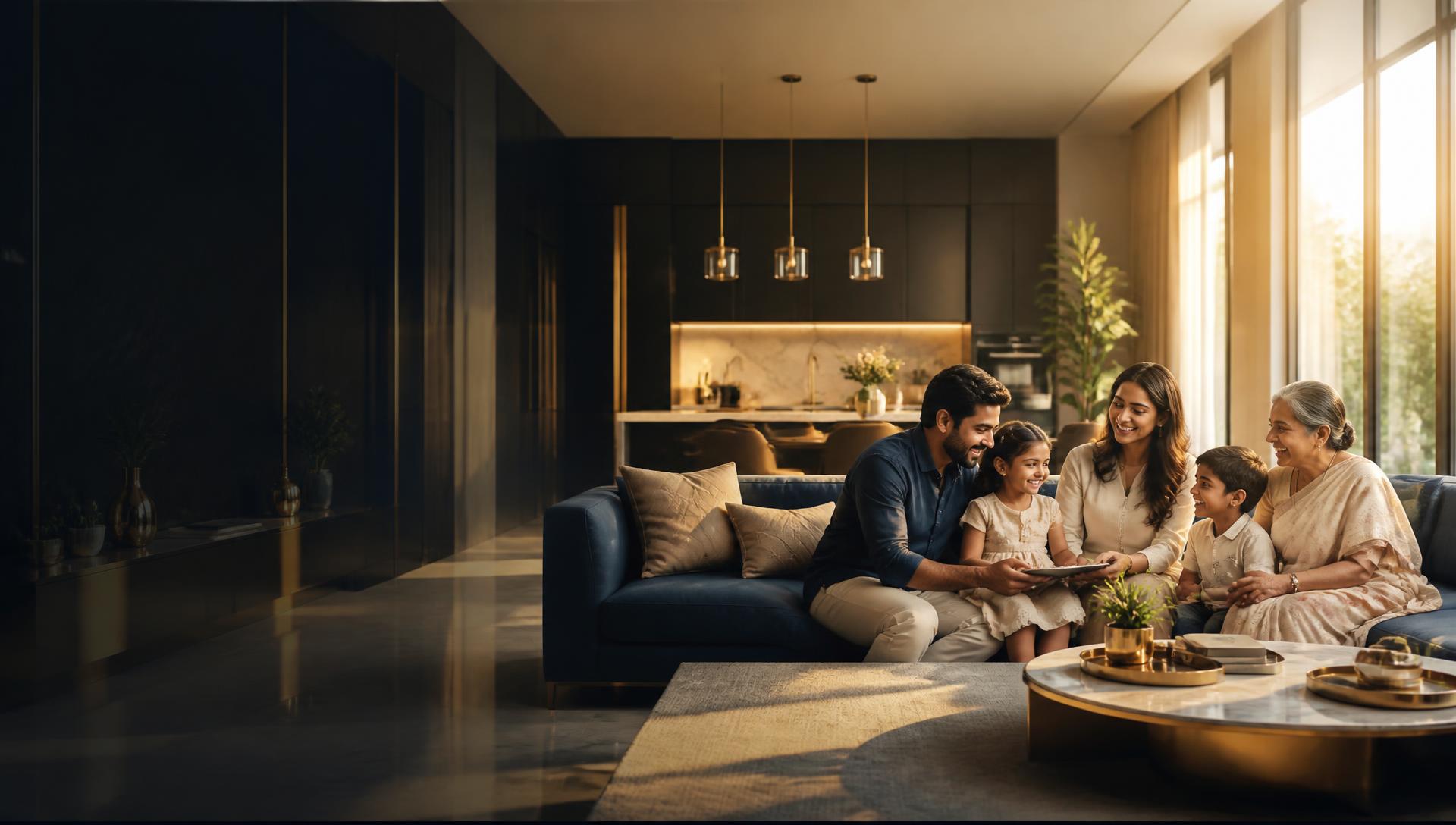 A modern Indian family enjoying time together in a warmly lit contemporary home